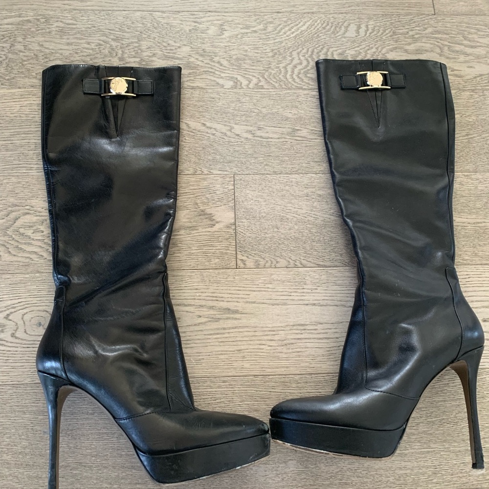 Versace Black Leather Knee-High Platform Stiletto Boots with Gold Medallion